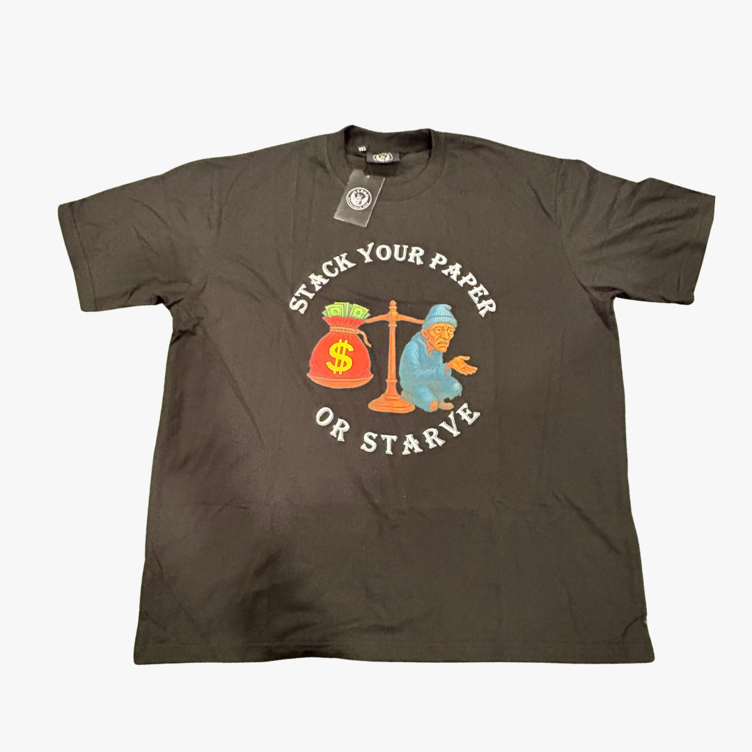 $.Y.P.O.$ "Stack Your Paper or Starve" Graphic T-Shirt – Black
