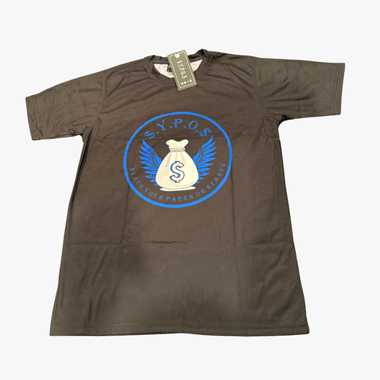 $.Y.P.O.$ Black Graphic Cotton T-Shirt with Blue Logo