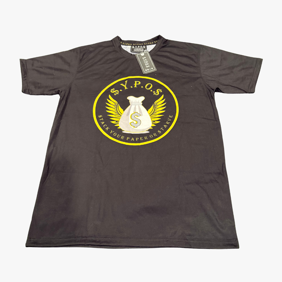 $.Y.P.O.$ Black Graphic Cotton T-Shirt with Gold Logo