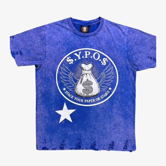 $.Y.P.O.$ Premium Acid Wash Graphic Blue T-Shirt