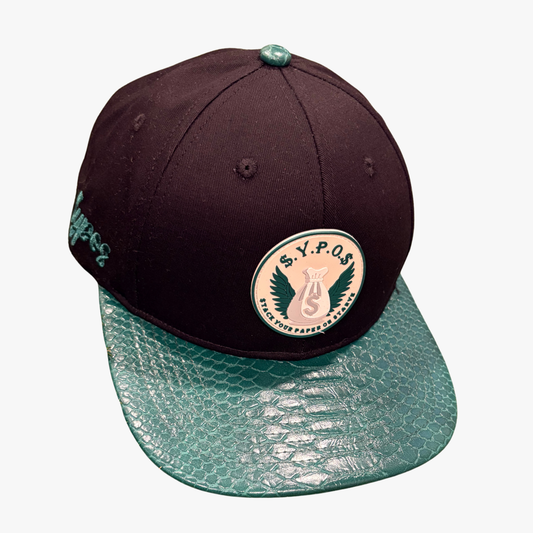 $.Y.P.O.$ Black & Green Snakeskin Cap with Adjustable Buckle Strap