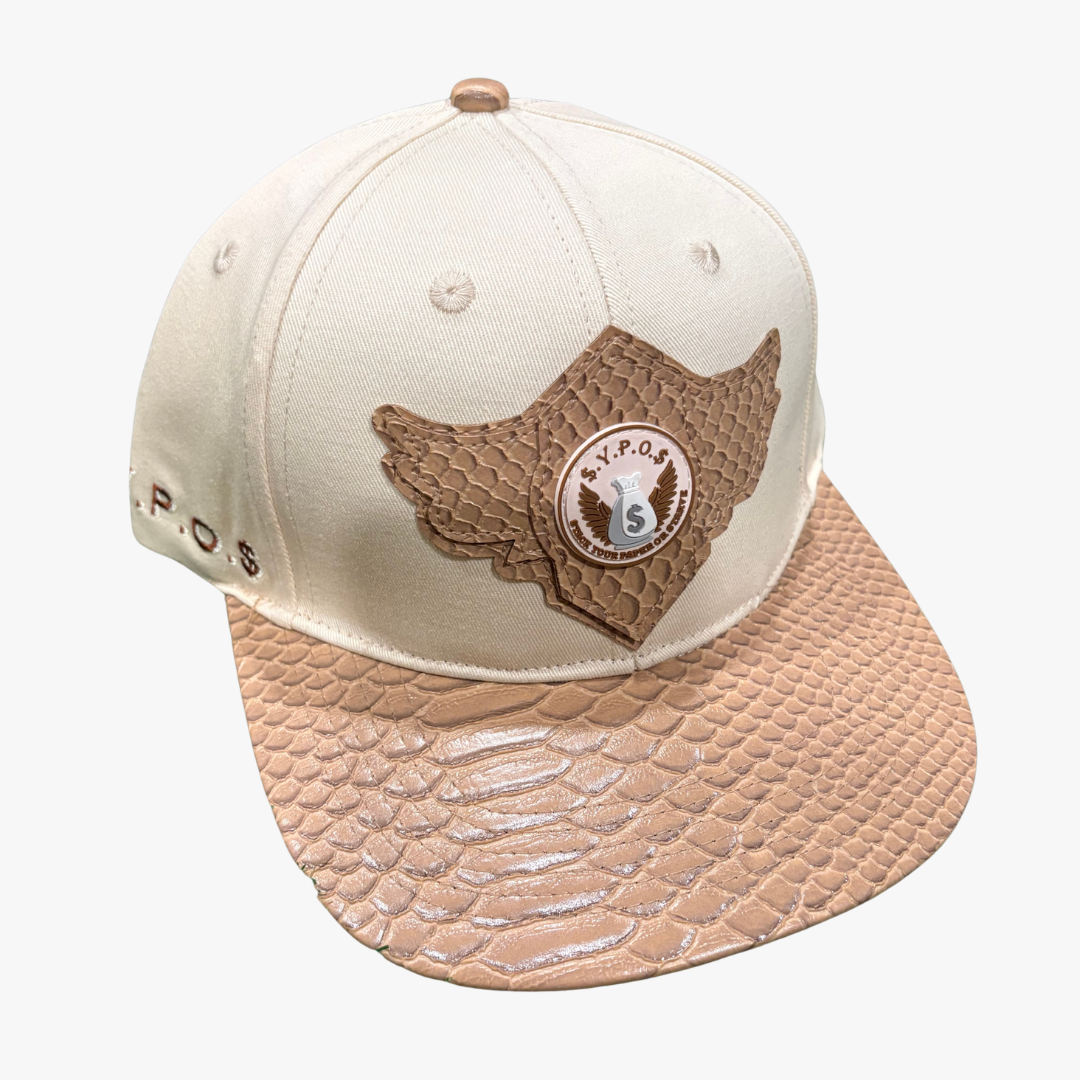$.Y.P.O.$ Cream & Tan Snakeskin Cap with Adjustable Buckle Strap