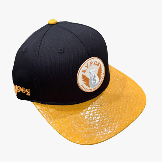 $.Y.P.O.$ Black & Gold Snakeskin Cap with Adjustable Buckle Strap