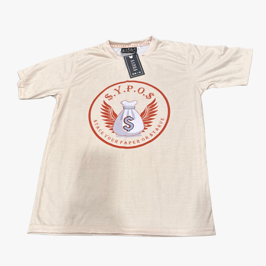 $.Y.P.O.$ Cream Graphic Cotton T-Shirt with Burnt Orange Logo