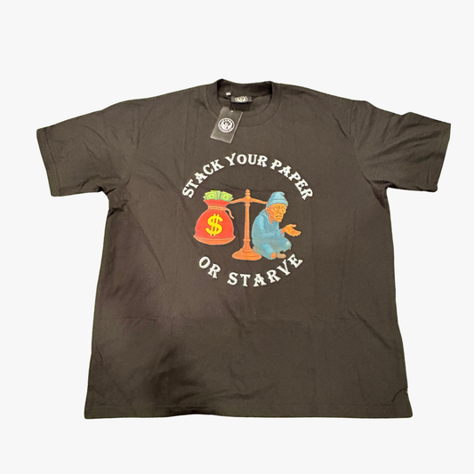 $.Y.P.O.$ "Stack Your Paper or Starve" Graphic T-Shirt – Black